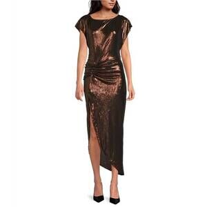 NEW ELAN boat neck cap sleeve side slit ruched midi dress in bronze